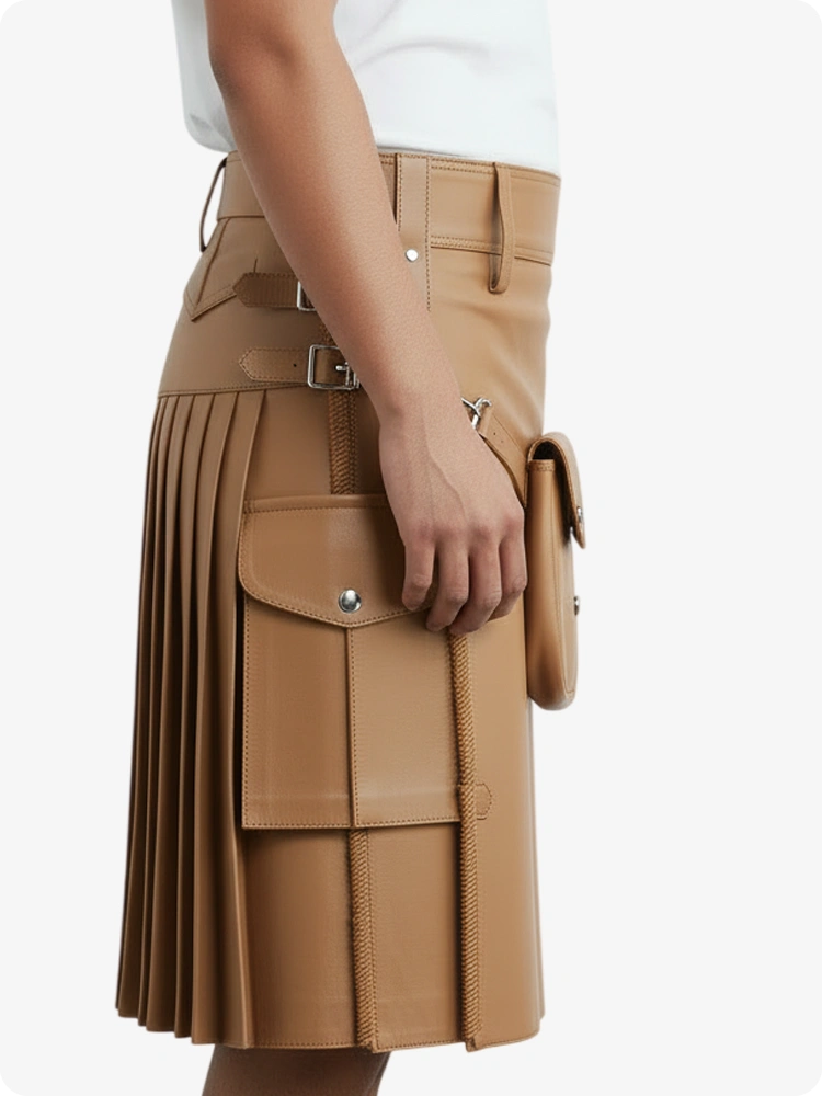 Kilt de cuero plisado color tan con trabillas y correas laterales