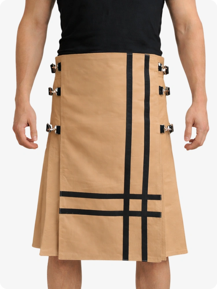 Tan Leather Utility Kilt with Side Buckles & Pleated Back