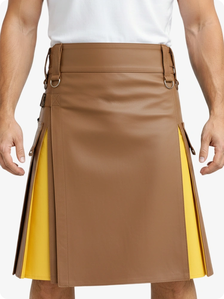 Kilt de cuero color tostado y amarillo con bolsillos cargo