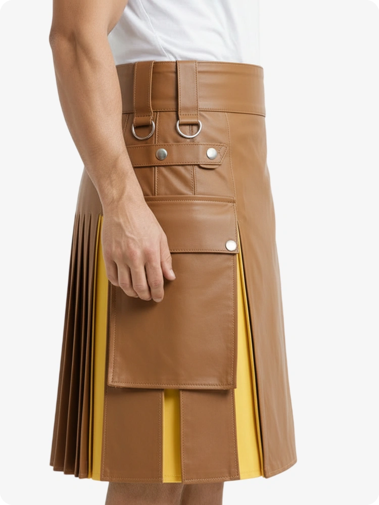 Kilt de cuero color tostado y amarillo con bolsillos cargo