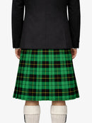 Person wearing a black jacket and green plaid kilt on a white background