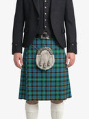 Person wearing a blue plaid kilt with a tartan sporran on a white background