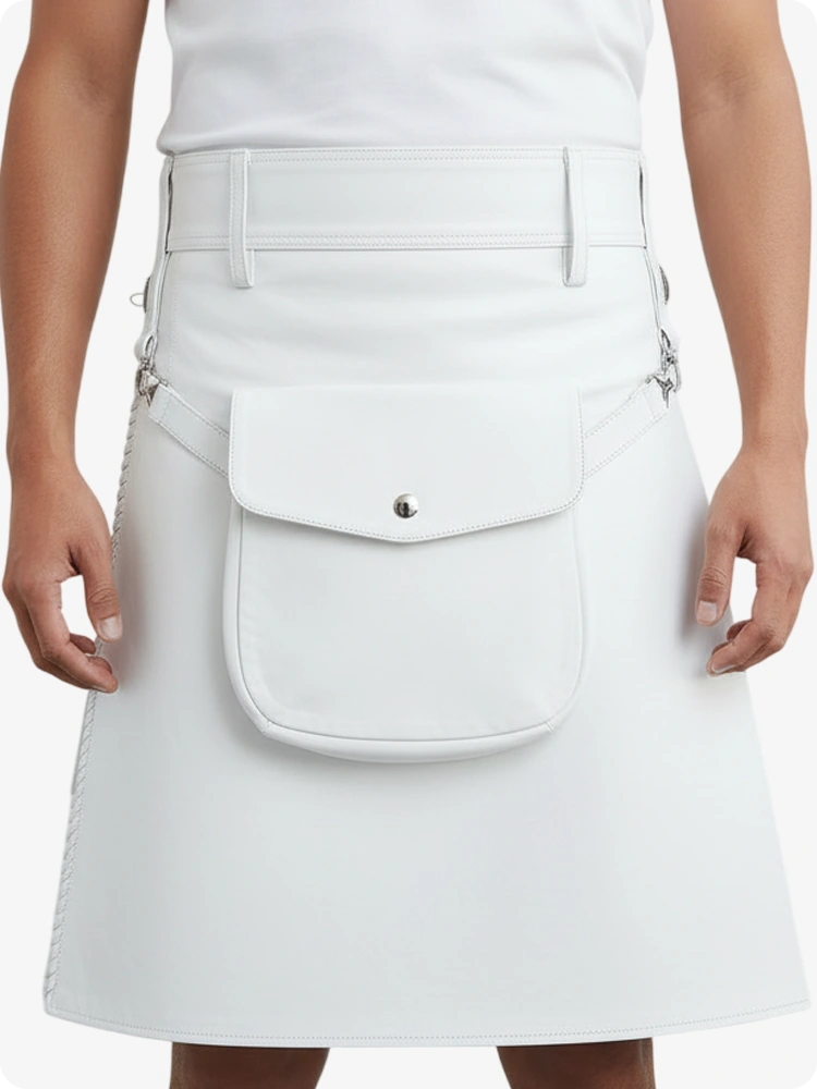 Kilt de cuero plisado blanco con trabillas y correas laterales