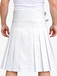 White pleated skirt worn by a person on a white background
