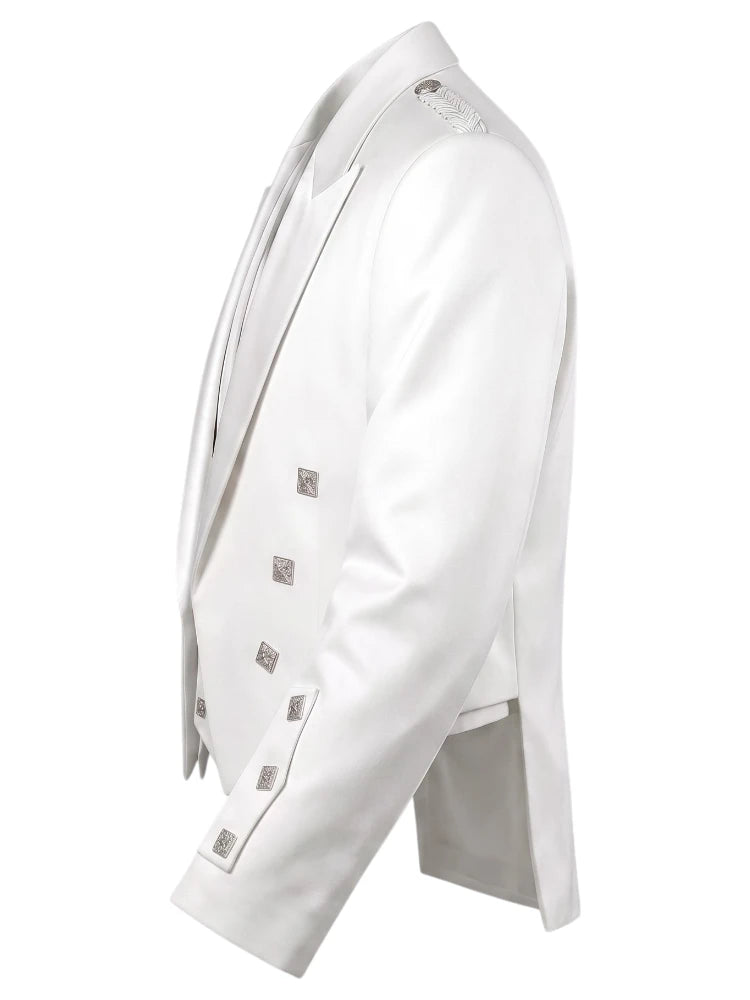 A white double-breasted blazer with silver decorative buttons and embellished lapels, shown in a side profile view against a plain white background.