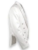 A white double-breasted tuxedo jacket shown from a side profile view, featuring decorative silver-toned studs on the front and lapels, set against a plain white background.