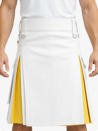 White kilt with yellow accents worn by a person