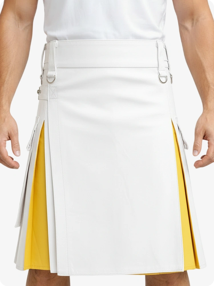 Kilt de cuero blanco y amarillo con bolsillos cargo