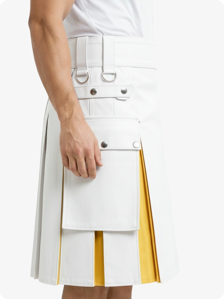 Kilt de cuero blanco y amarillo con bolsillos cargo