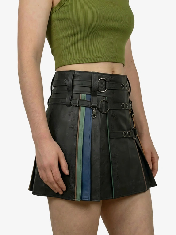 Kilt de cuero arcoíris para mujer con correas de anillo
