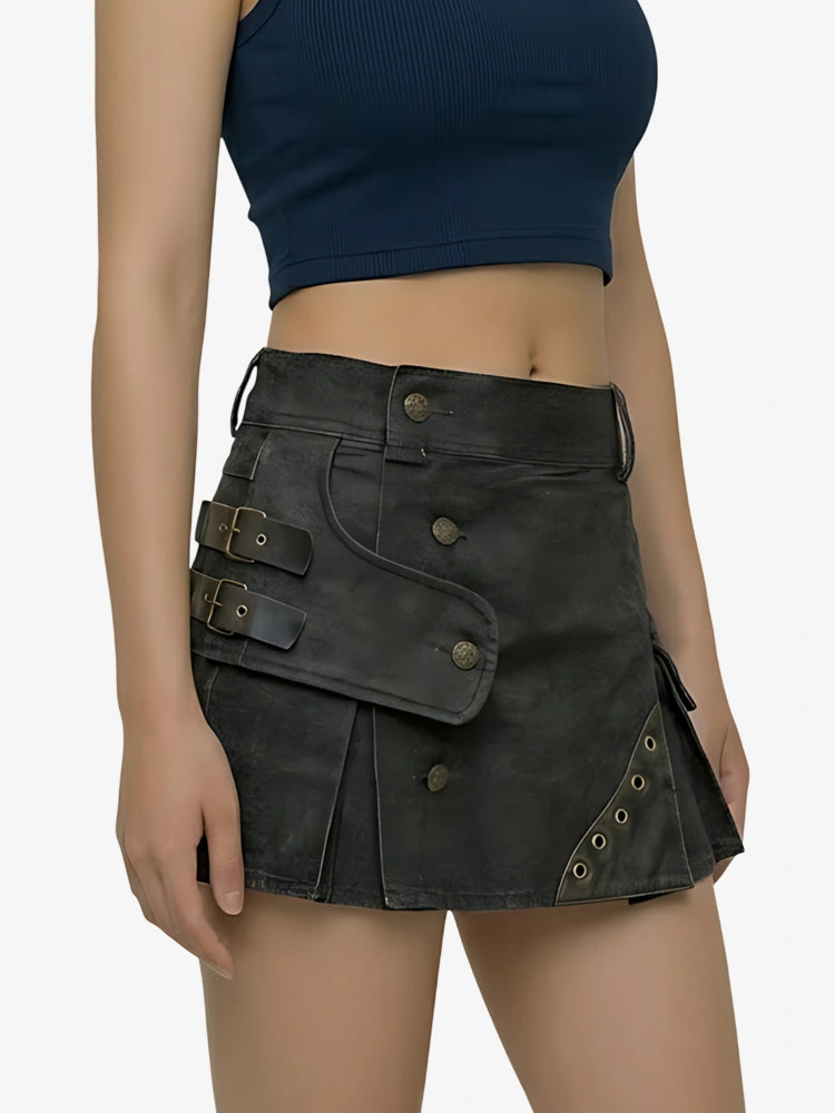 Kilt utility de mezclilla negra con correas para mujer