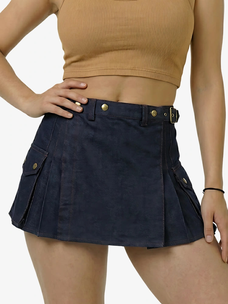 Kilt de mezclilla azul marino con hilo rojo para mujer