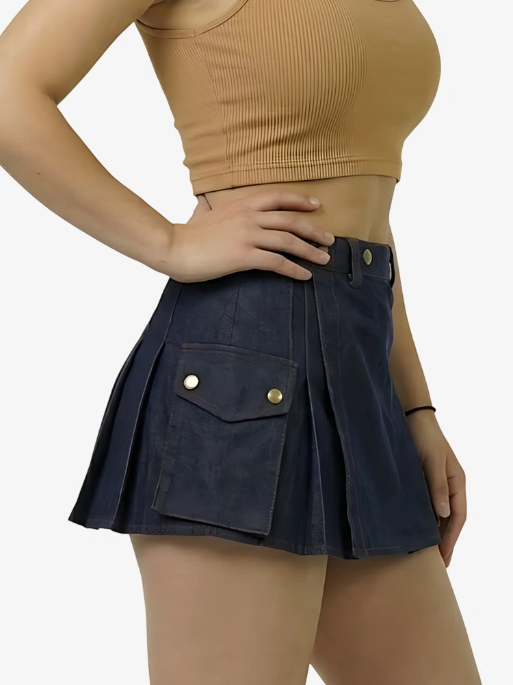 Kilt de mezclilla azul marino con hilo rojo para mujer