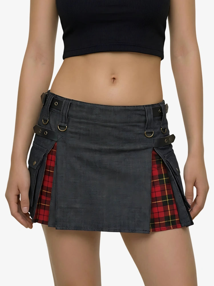 Kilt de mezclilla negra escocés para mujer