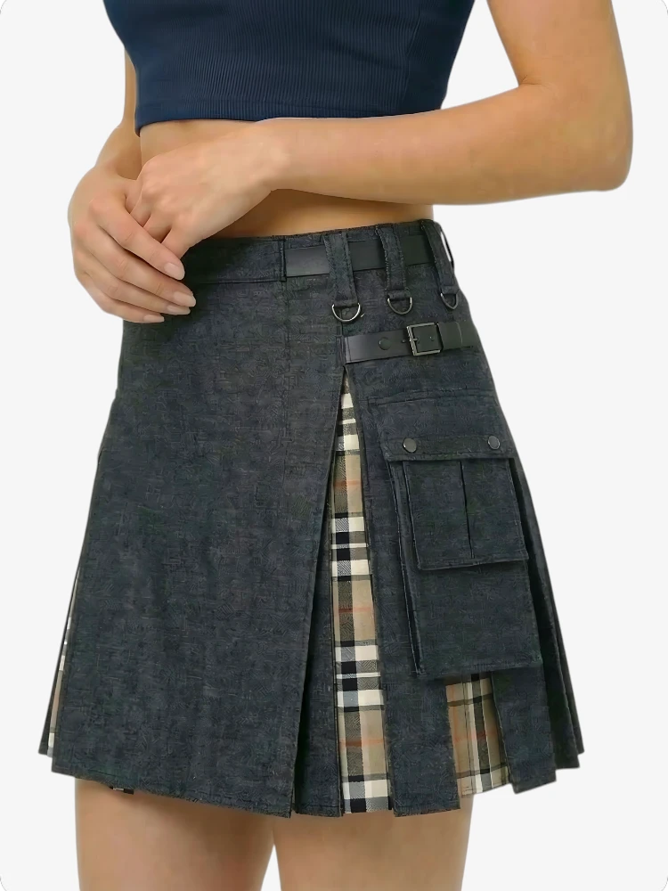 Women Campbell Tartan Black Denim Kilt
