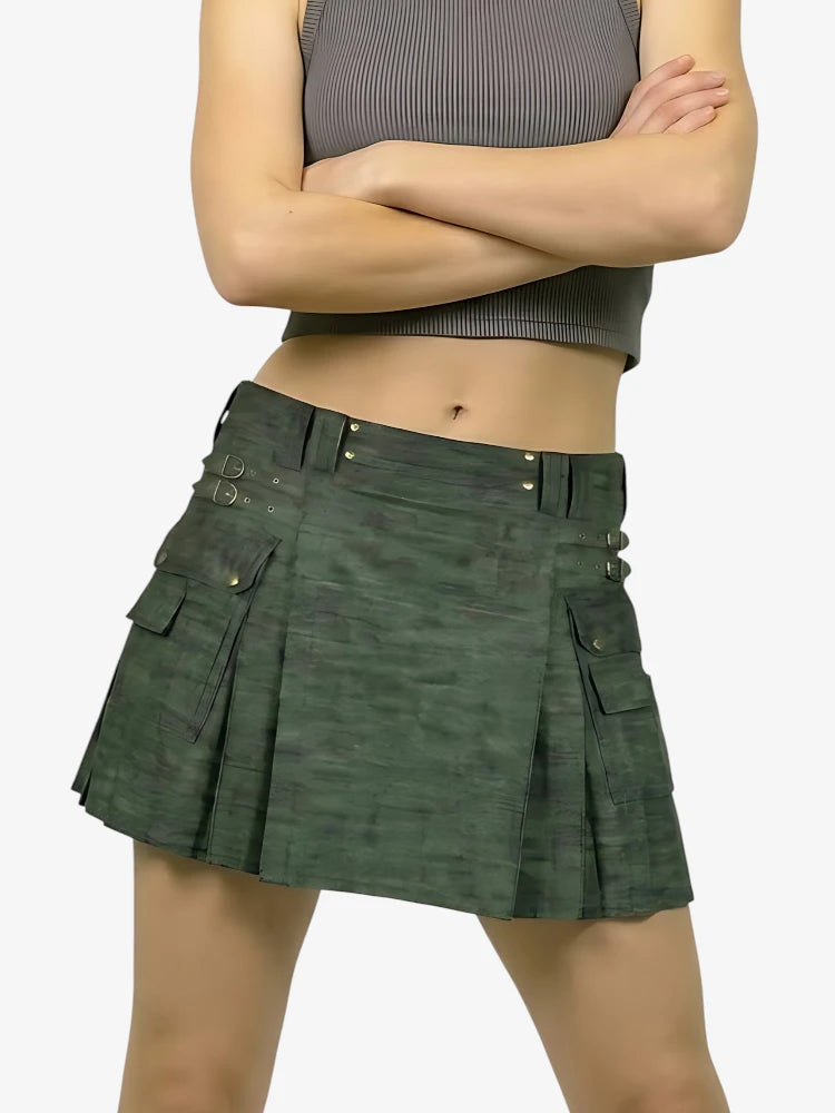 Kilt de Denim Verde Oliva Oscuro para Mujer con Bolsillo Cargo