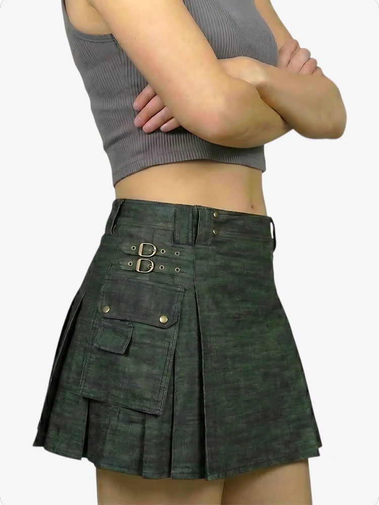 Kilt de Denim Verde Oliva Oscuro para Mujer con Bolsillo Cargo