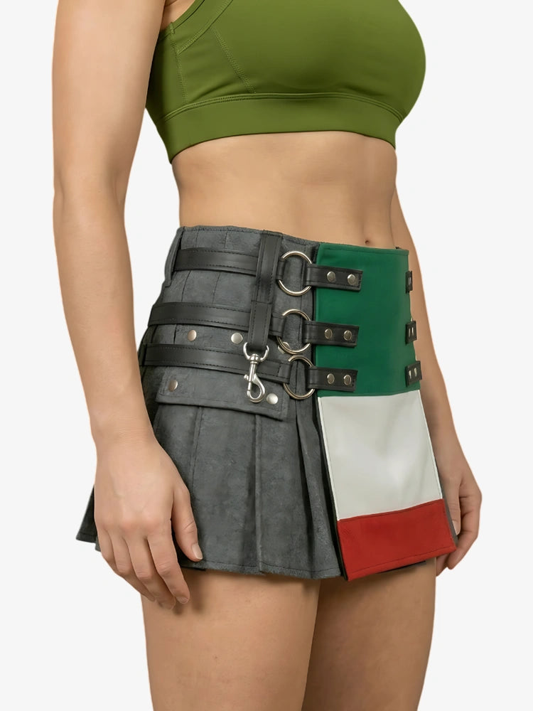 Kilt de Denim Negro con Bandera Italiana para Mujer con Correas de Cuero