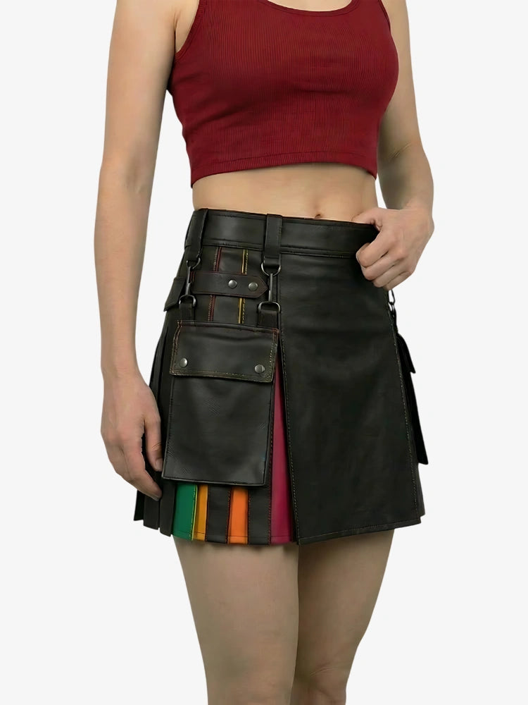 Women Red Pleats Rainbow Kilt