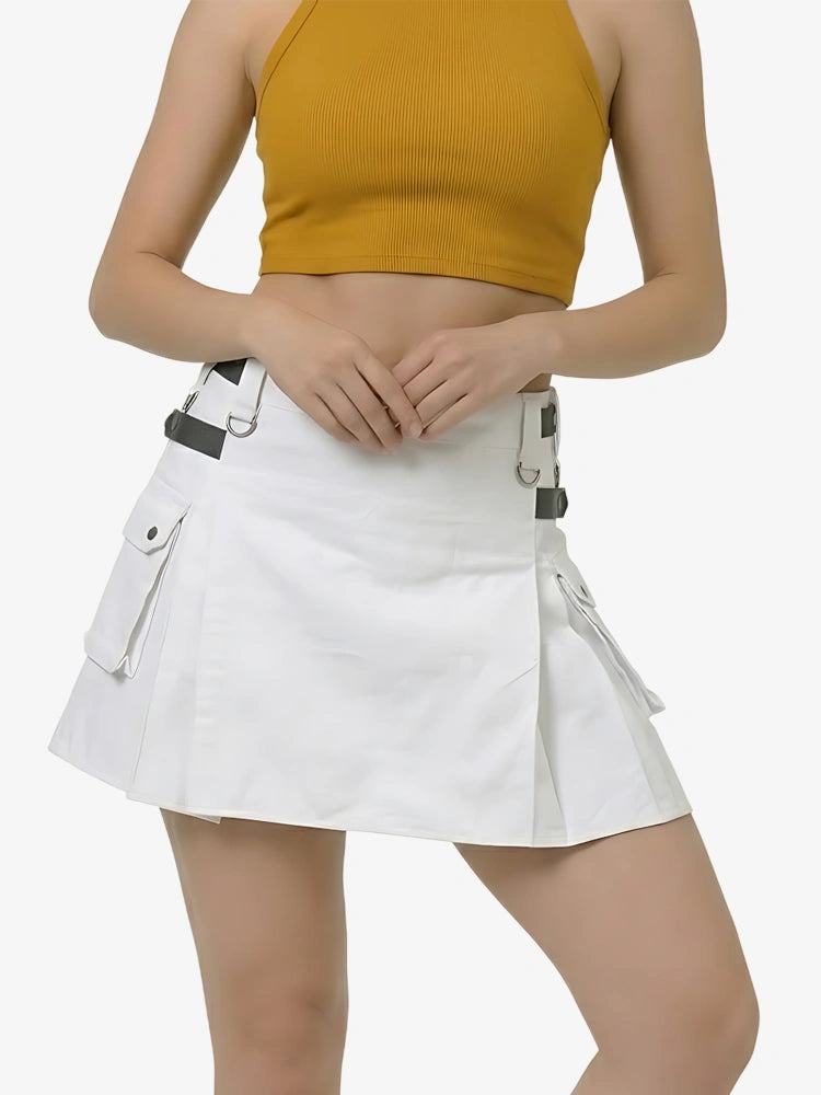 Kilt Utility Blanco para Mujer con Correas de Cuero