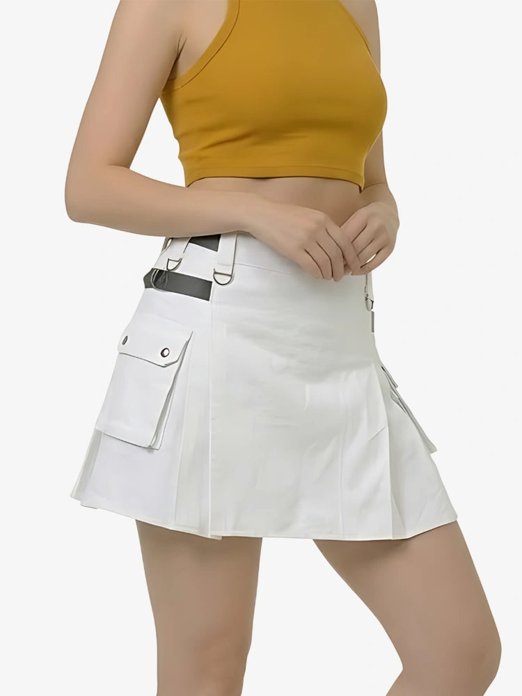Kilt Utility Blanco para Mujer con Correas de Cuero